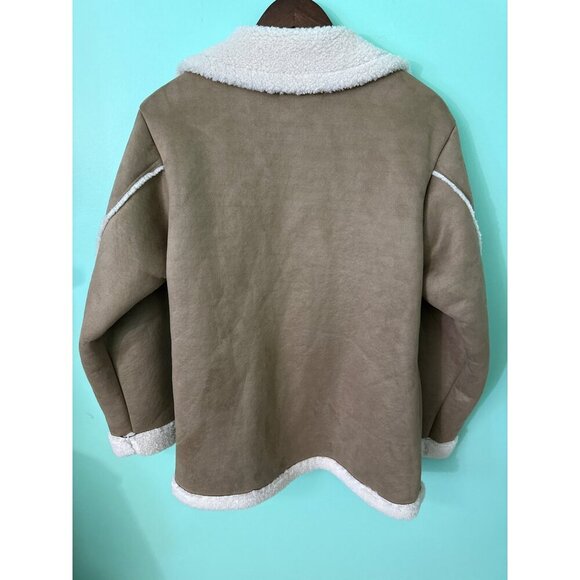 Promesa Womens S Button-Up Faux Suede Jacket With Faux Shearling Trim Tan & Whit - Picture 5 of 8